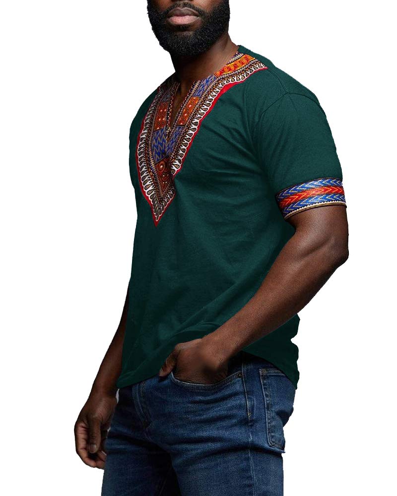 Makkrom Mens African Dashiki T Shirt Tribal Floral Print V Neck Slim Fit Shirts Tops - Image 2